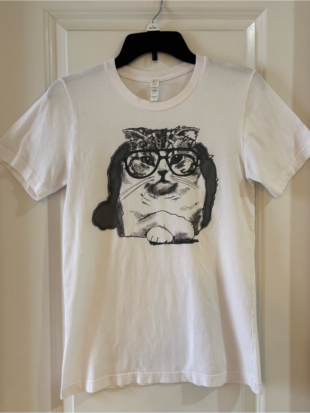 White Hipster Cat Graphic Tee with Glasses - Pet Lovers Shirt S